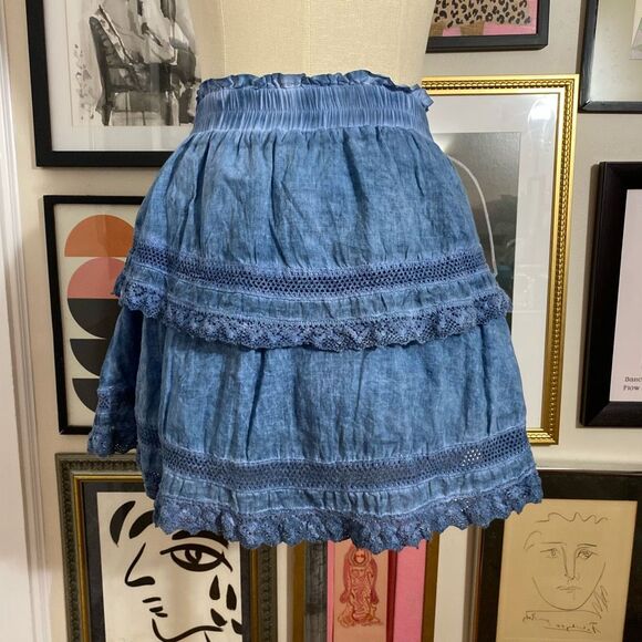 Katie J NYC Junior’s Size Medium Layered Ruffle Mini Skirt Blue Elastic Waist - Picture 4 of 6
